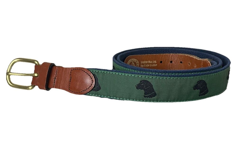 Leather Man Ltd. Black Lab Dog Fabric & Leather Belt VTG Men Sz 48” Preppy
